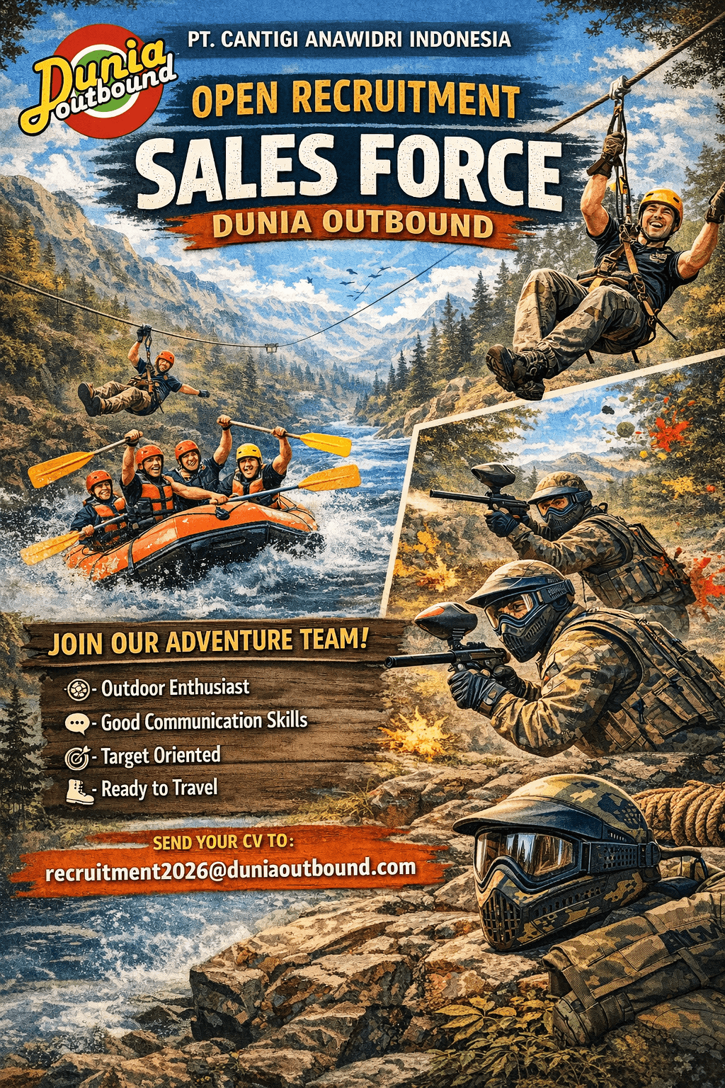 lowongan kerja sales outbound, open recruitment sales Dunia Outbound, lowongan sales PT Cantigi Anawidri Indonesia, karir sebagai sales outbound, loker sales event dan adventure, lowongan kerja sales 2026, rekrutmen sales force Dunia Outbound